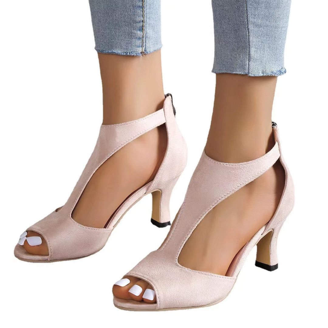 Damen Peeptoe-Sandaletten mit T-Riemen, Reißverschluss hinten und mittelhohem geschwungenem Absatz Shop Nory