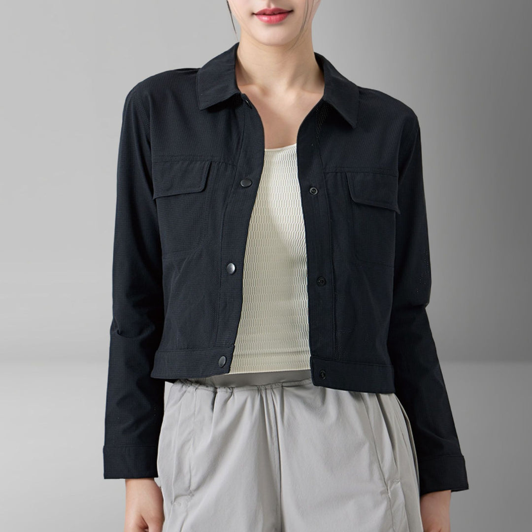 Damen Kurze Overshirt-Jacke aus strukturiertem Canvas mit Brusttaschen Shop Nory