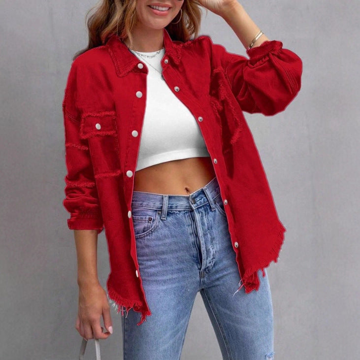 Damen Lässige Oversized-Denim-Hemdjacke mit Rohsaum und Pattentaschen Shop Nory