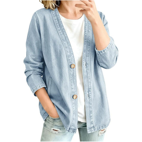 Damen Oversize Jeansjacke im Kimono-Stil mit Holzknöpfen Shop Nory