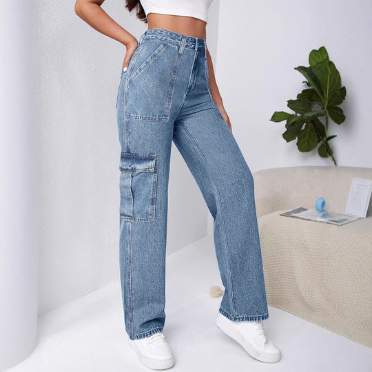 Damen Hochtaillierte Cargo-Weite-Jeans mit aufgesetzten Taschen und elastischem Saum Shop Nory