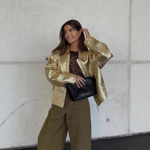Damen Kurze strukturierte Metallic-Bomberjacke mit Boxy‑Silhouette Shop Nory