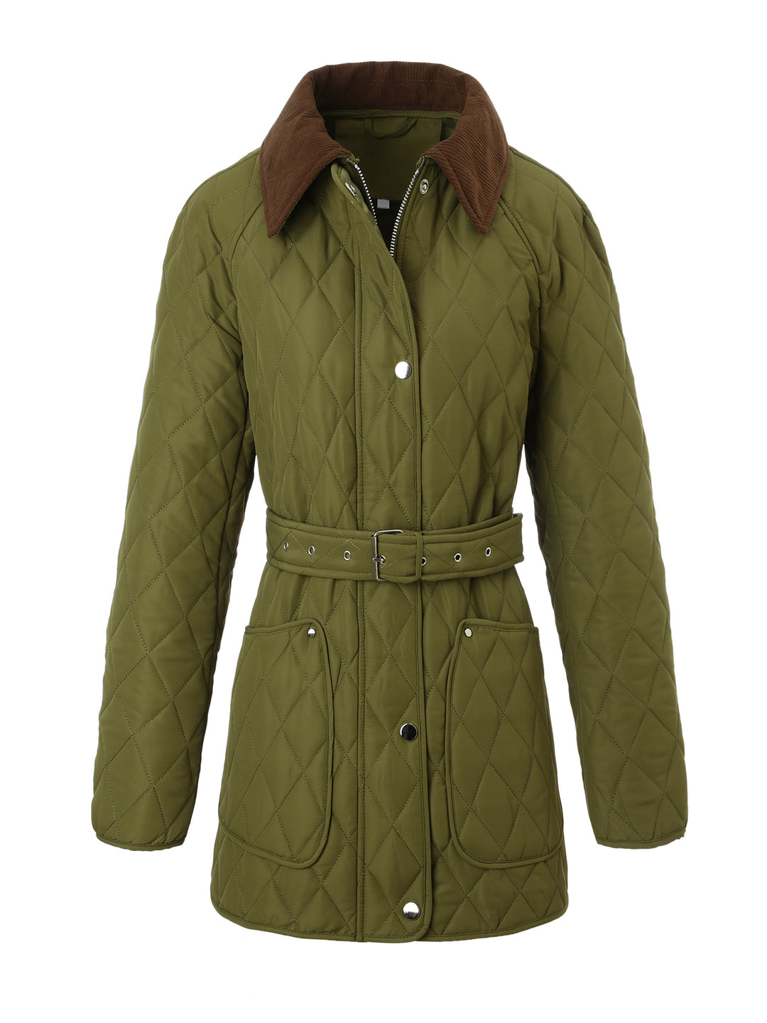 Damen Lange Steppjacke-Mantel mit tailliertem Gürtel und Kontrast-Cordkragen Shop Nory