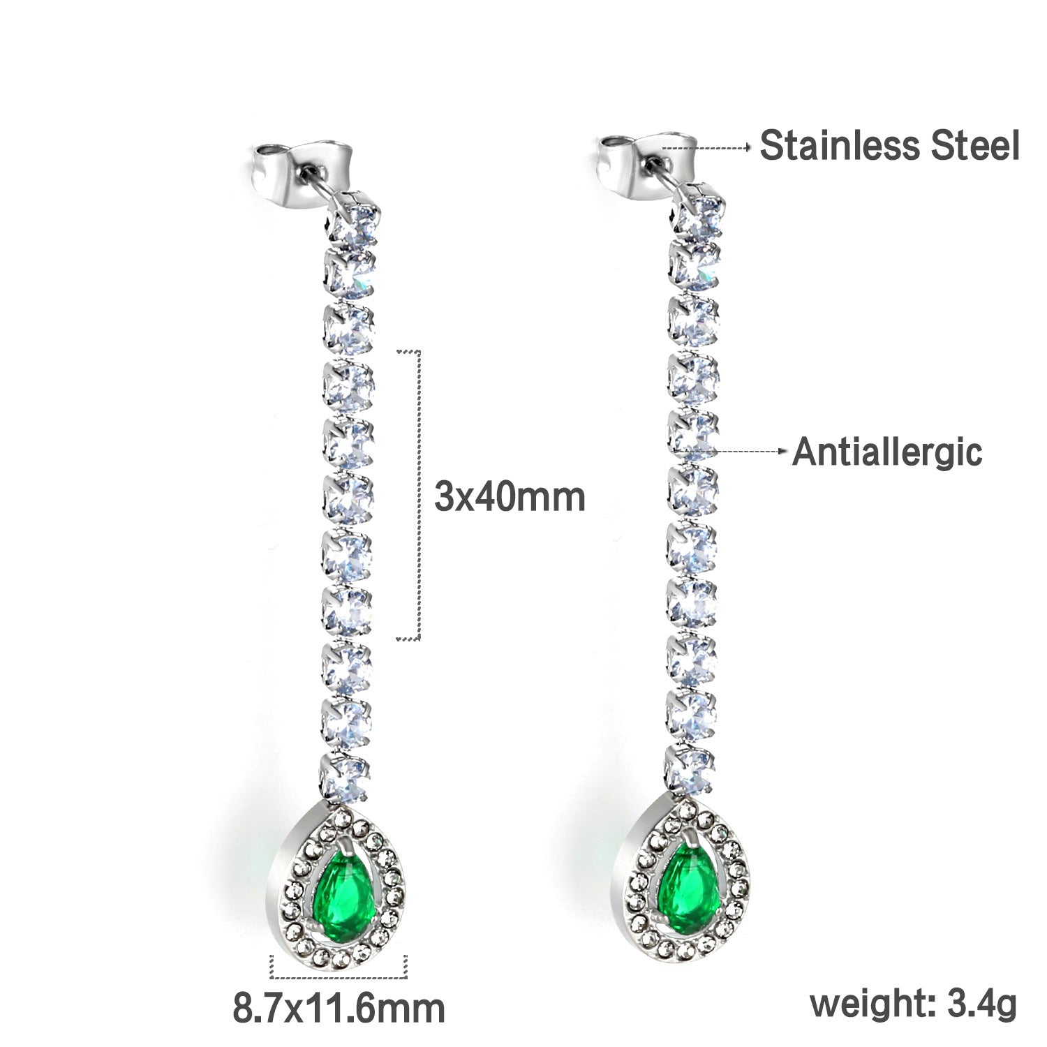 Damen Hängende Ohrstecker mit funkelnden Zirkonia und grünem Kristallanhänger Shop Nory