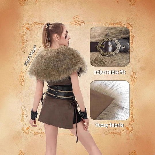 Damen Wikingerin inspiriertes Fantasy‑Kostüm mit Kunstpelz‑Schultercape, Taillengürtel und Ledertasche Shop Nory