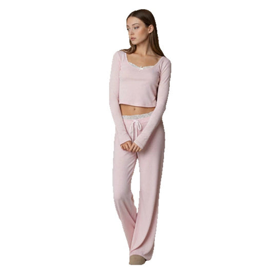 Damen Lounge-Pyjama-Set aus Viskose-Mix mit Spitzenbesatz und weitem Hosenschnitt Shop Nory