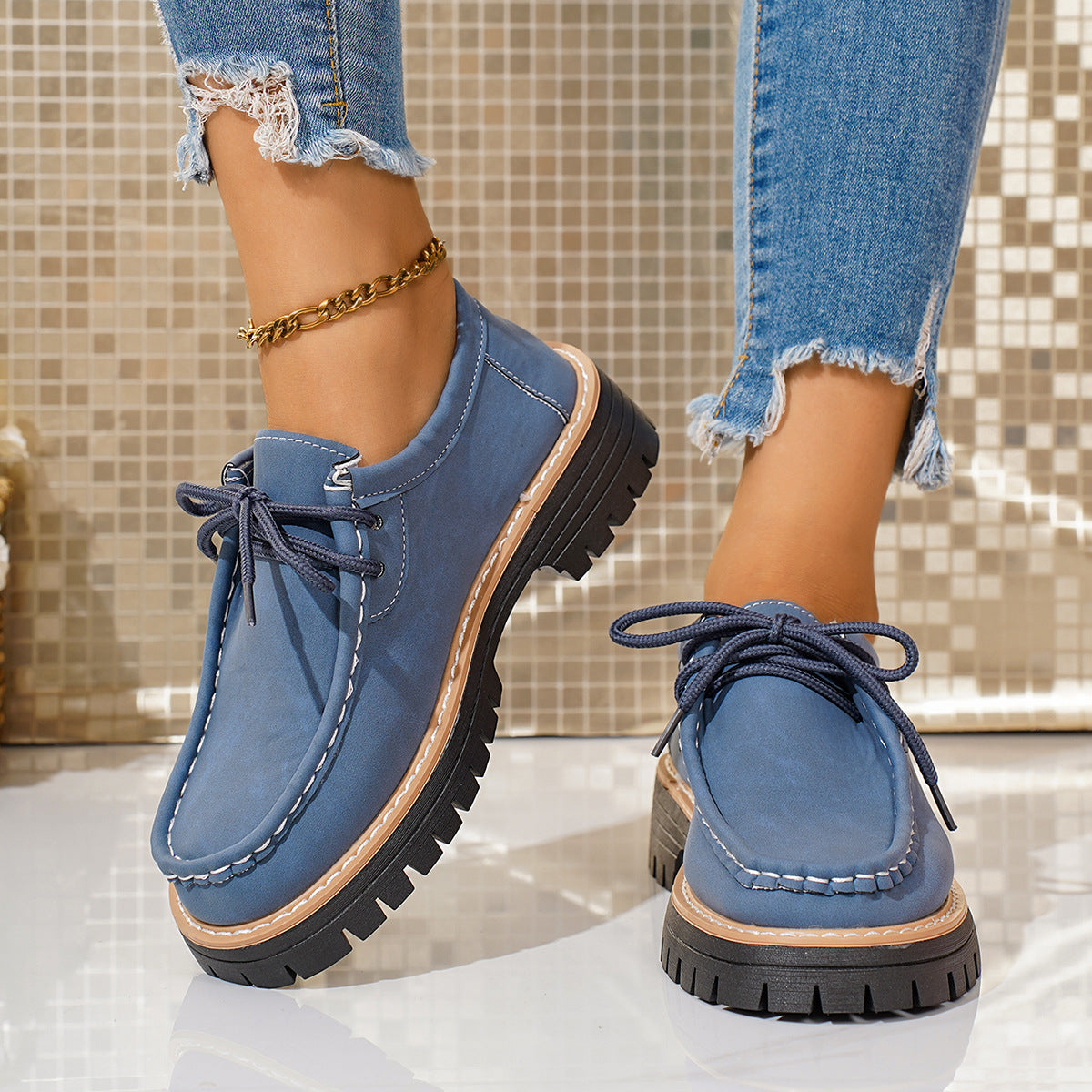 Damen modische Schnürschuhe mit robustem Profil und feinem Lederobermaterial