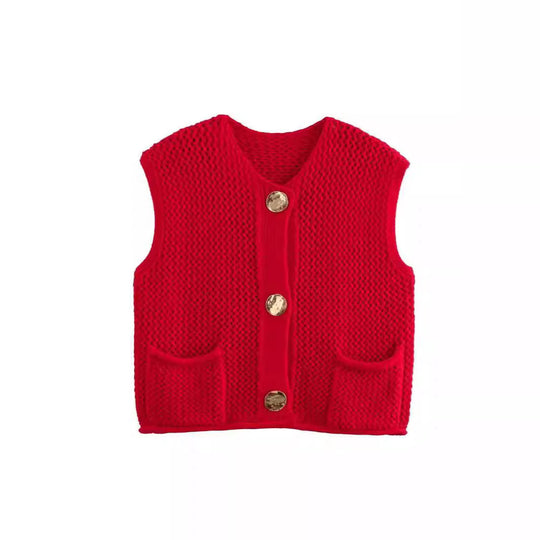 Damen gehäkelte Strickweste mit großen Zierknöpfen und Aufsatztaschen Shop Nory