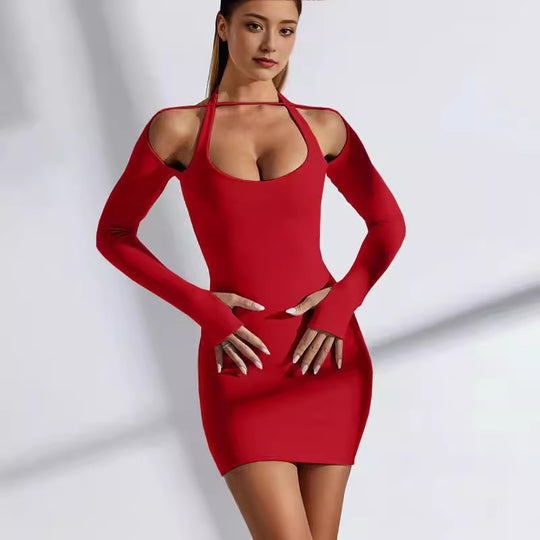Damen Figurbetontes Minikleid mit Schulter-Cutouts, langen Ärmeln und Daumenöffnungen Shop Nory