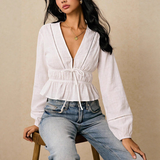 Damen Leichte Baumwoll-Leinen Bluse mit V-Ausschnitt, Tunnelzug und Rüschensaum Shop Nory