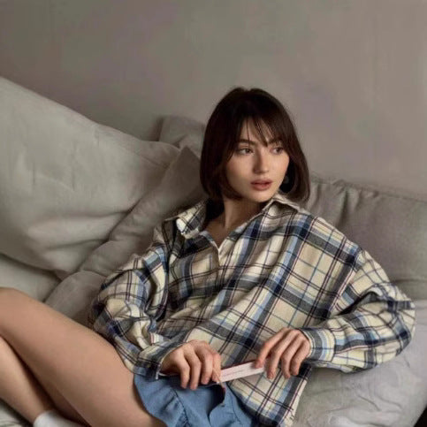 Damen Karo Oversize Flanellhemd Bluse mit Druckknopfblende und Hemdkragen Shop Nory