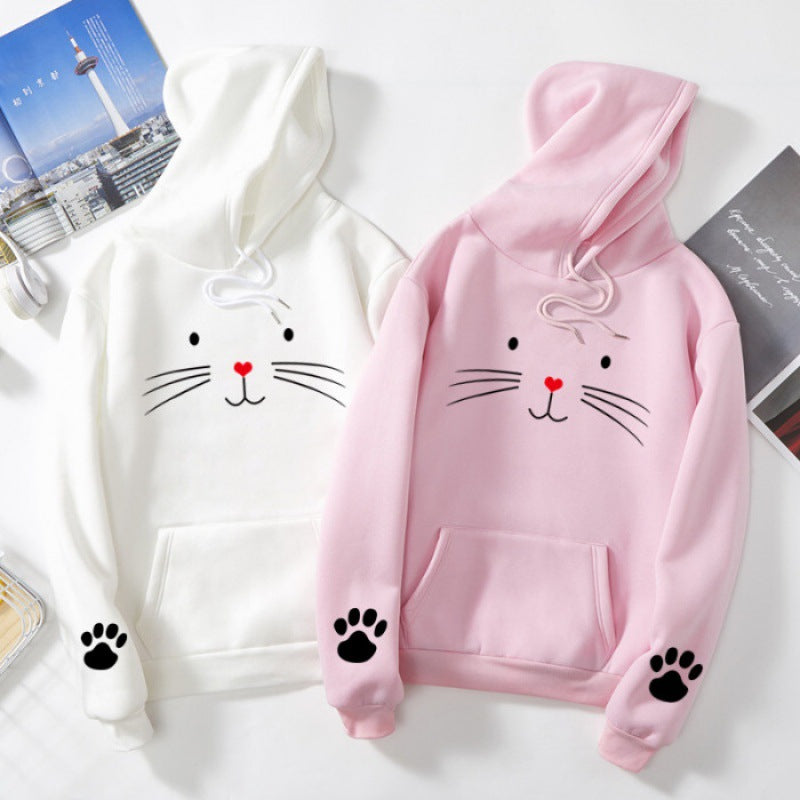 Damen nan Kapuzenpullover mit gedrucktem Katzenmotiv, Kängurutasche und Pfotenapplikationen Shop Nory