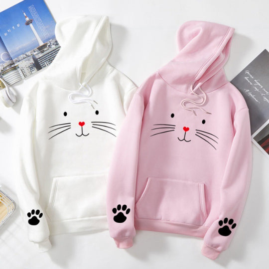 Damen nan Kapuzenpullover mit gedrucktem Katzenmotiv, Kängurutasche und Pfotenapplikationen Shop Nory