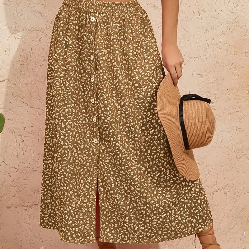 Damen Maxirock mit floralen Knopfdetails und seitlichem Schlitz Shopnory
