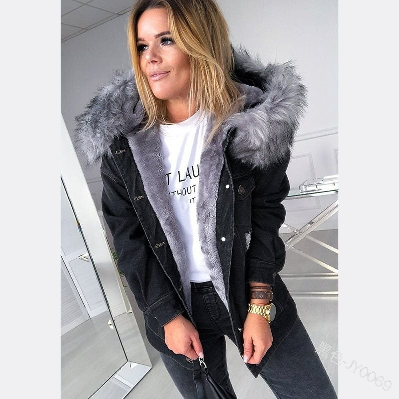 Damen Oversize Denim-Parka mit abnehmbarem Kunstpelzkragen und Used-Effekt Shop Nory