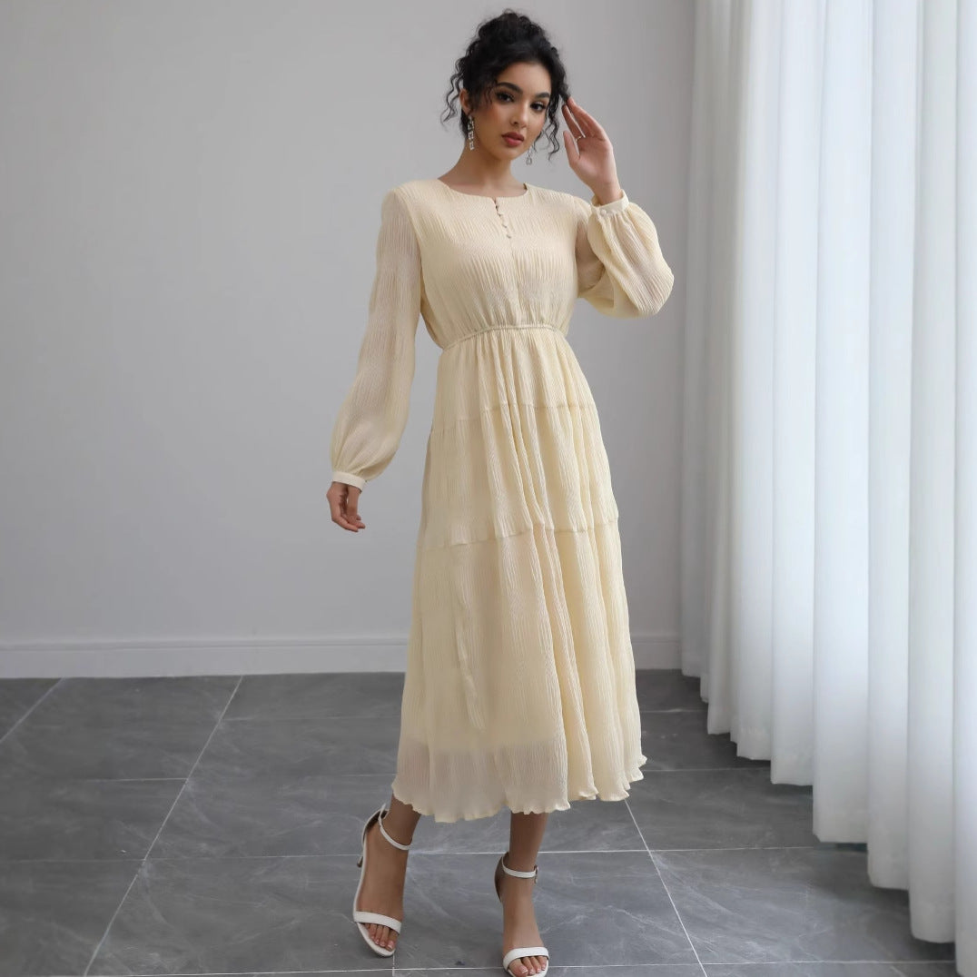 Damen Midikleid aus Crêpe mit Stufenrock, geraffter Taille und Ballonärmeln Shop Nory