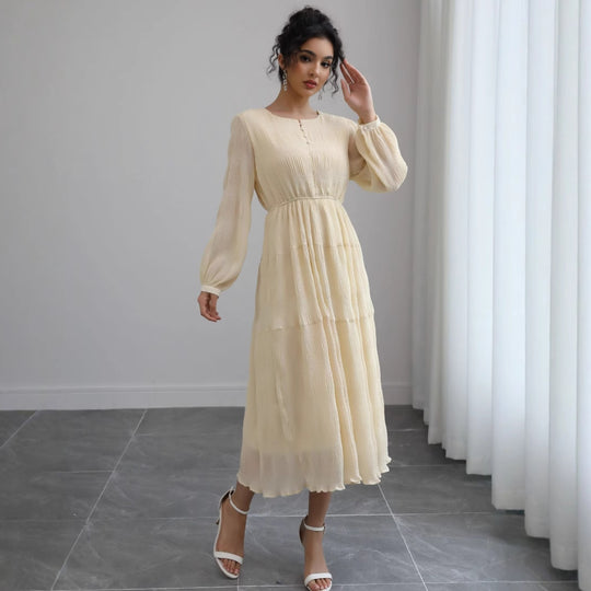 Damen Midikleid aus Crêpe mit Stufenrock, geraffter Taille und Ballonärmeln Shop Nory