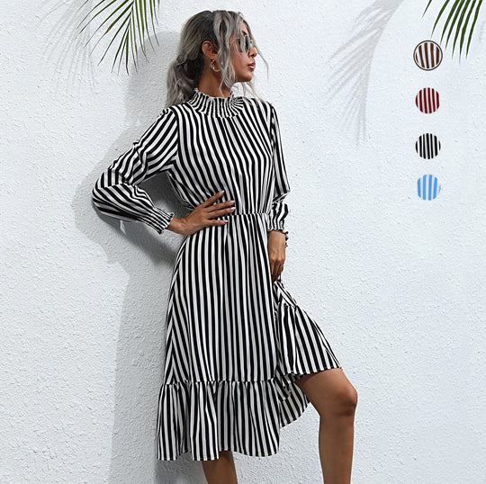 Damen Langärmeliges Streifenkleid mit Volant Shop Nory
