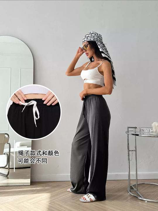 Damen weite hochgeschnittene Loungehose mit elastischem Bund und Kordelzug Shop Nory