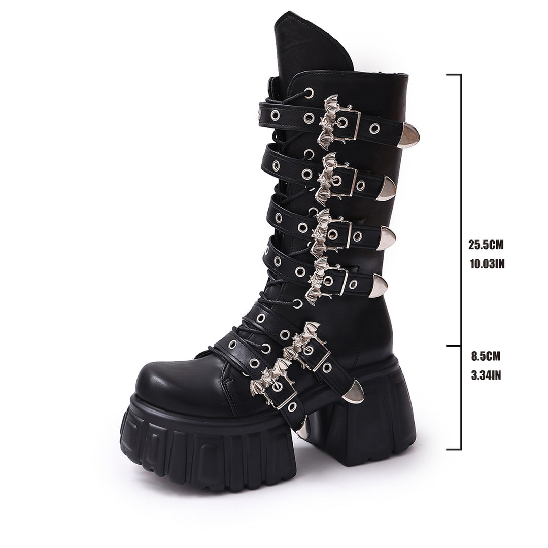 Damen Plateau-Bikerboots mit dekorativen Riemen, Ösen und Ketten Shop Nory