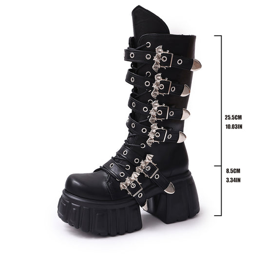 Damen Plateau-Bikerboots mit dekorativen Riemen, Ösen und Ketten Shop Nory