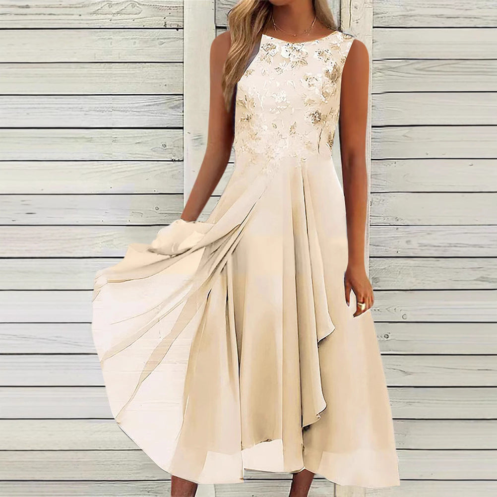 Damen nan ärmelloses Chiffon-Midikleid mit bestickter Brustpartie und asymmetrischem Lagenrock