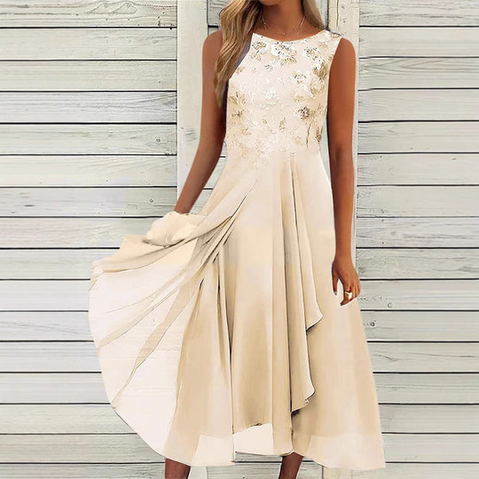 Damen nan ärmelloses Chiffon-Midikleid mit bestickter Brustpartie und asymmetrischem Lagenrock