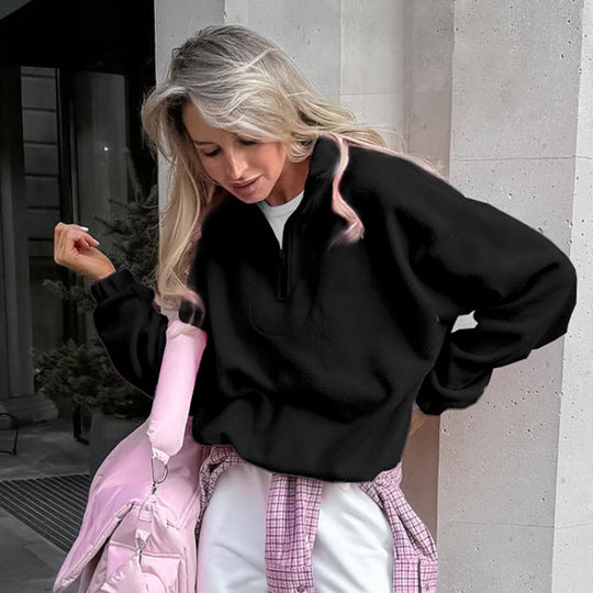 Damen Oversized Fleecepullover mit halbem Reißverschluss und Stehkragen Shop Nory