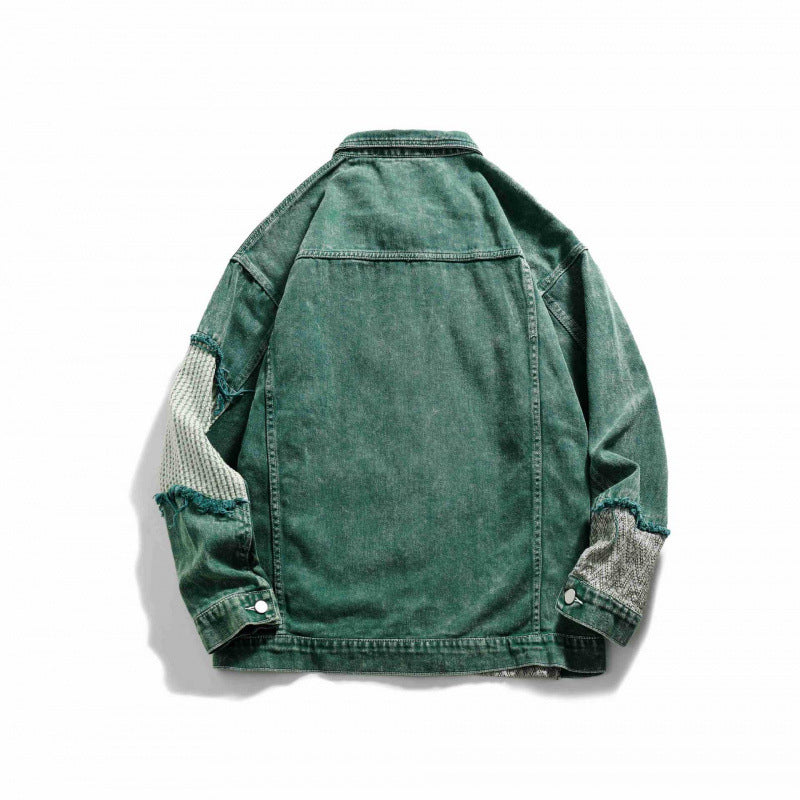 Unisex Oversize Jeansjacke mit Patchwork-Strickeinsätzen und Used-Optik Shop Nory