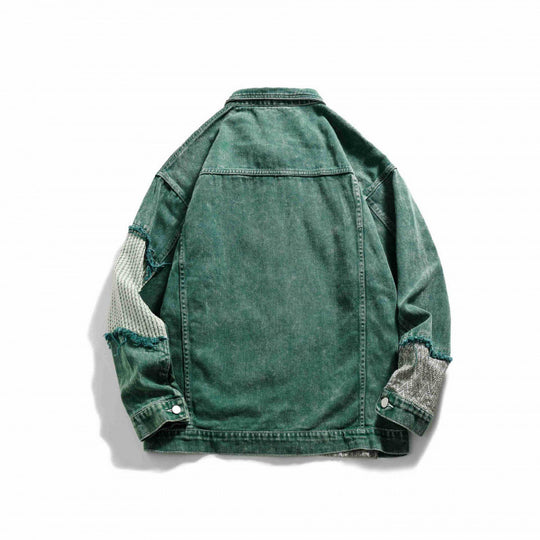 Unisex Oversize Jeansjacke mit Patchwork-Strickeinsätzen und Used-Optik Shop Nory