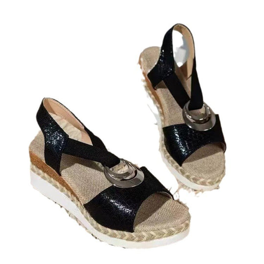 Damen Keil‑Sandalen mit Bast‑Plateau, elastischem Fersenriemen und Zier‑Metallornament Shop Nory