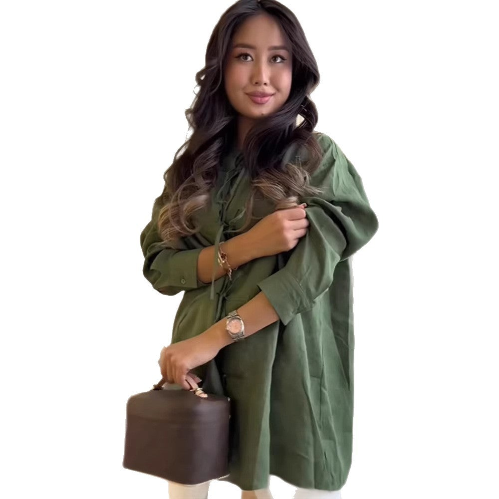 Damen Lang geschnittene Leinenbluse mit chinesischer Knotenschließe und Stehkragen Shop Nory