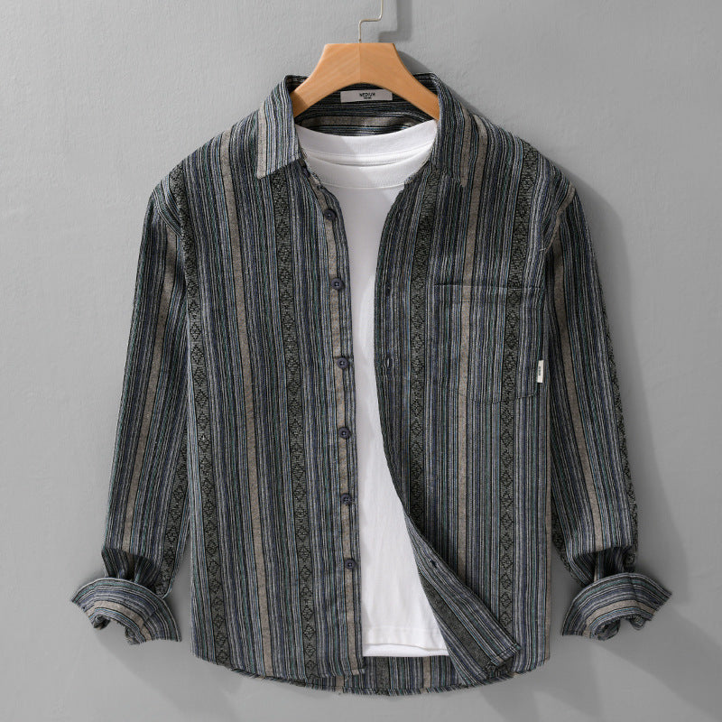 Herren Leichtes gestreiftes Baumwoll-Leinenhemd im Ethno-Streifen-Muster Shop Nory