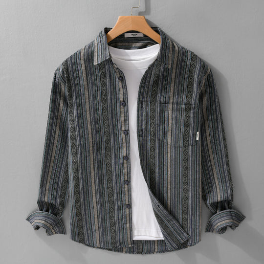 Herren Leichtes gestreiftes Baumwoll-Leinenhemd im Ethno-Streifen-Muster Shop Nory