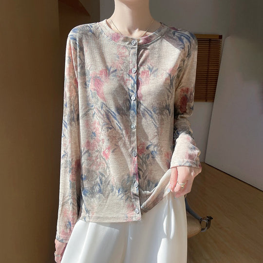 Damen Leichter Aquarell‑Print Feinstrick‑Cardigan mit Rundhalsausschnitt und Knopfleiste Shop Nory