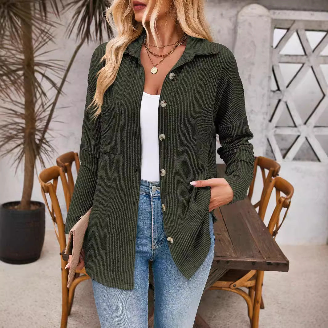 Damen Gerippte Oversize-Hemdjacke mit durchgehender Knopfleiste und Hemdkragen Shop Nory