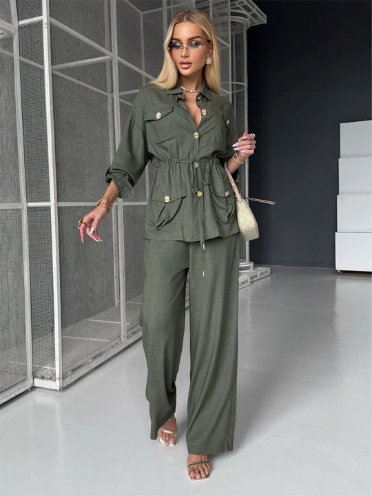 Damen Leinenoptik Utility-Hemdjacke mit Tunnelzugtaillierung und goldenen Zierknöpfen Shop Nory