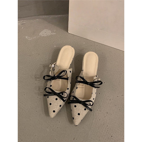 Damen Spitz zulaufende Schlupf-Mules in Leinenoptik mit Polka-Dot und Zierschleife Shop Nory