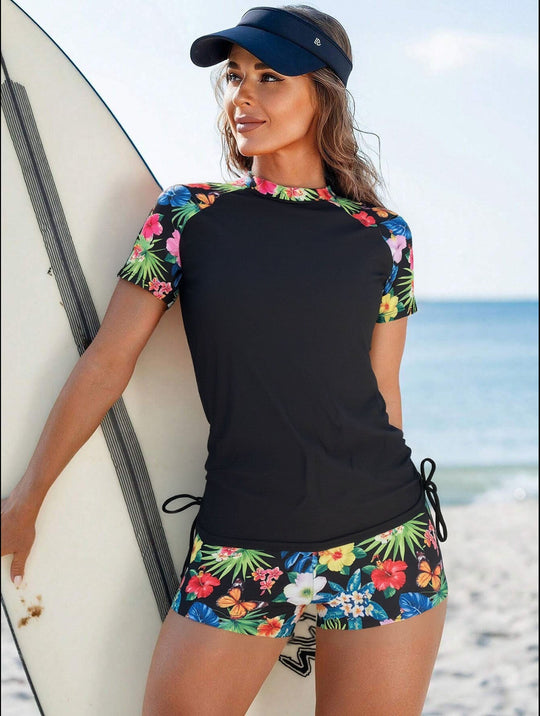 Damen Sportlicher Surfanzug mit floralem Muster und seitlichem Rüschendetail