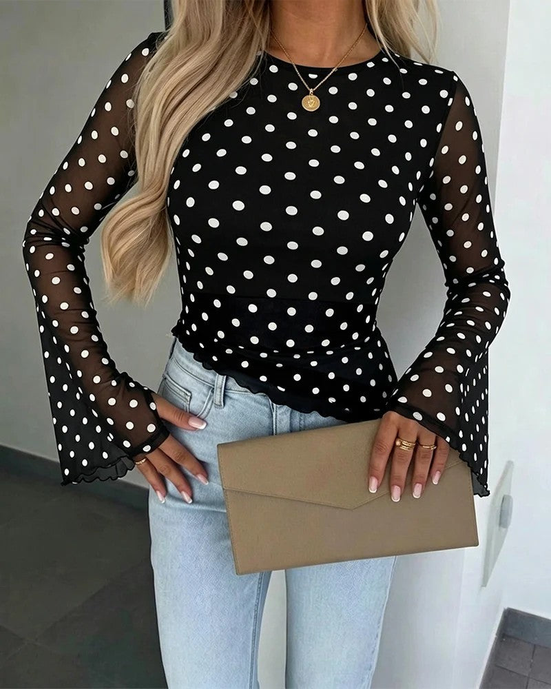 Damen Transparente Mesh-Polka‑Dot-Bluse mit taillierter Passform und Glockenärmeln Shop Nory