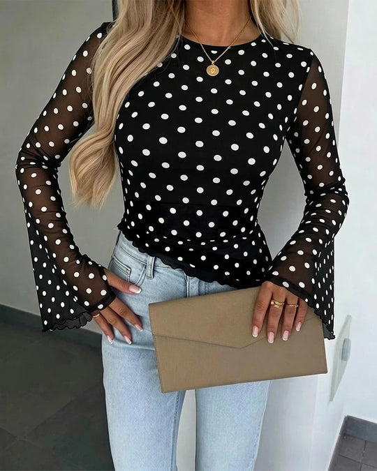 Damen Transparente Mesh-Polka‑Dot-Bluse mit taillierter Passform und Glockenärmeln Shop Nory