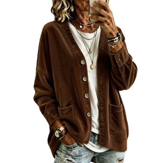 Damen Oversized Cord-Cardigan mit aufgesetzten Taschen und Holzknöpfen Shop Nory