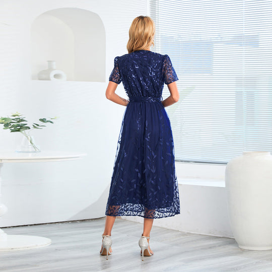 Kurzärmliges Kreuz V-Ausschnitt Gürtel Midi Kleid