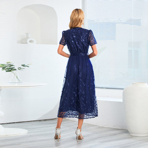 Kurzärmliges Kreuz V-Ausschnitt Gürtel Midi Kleid