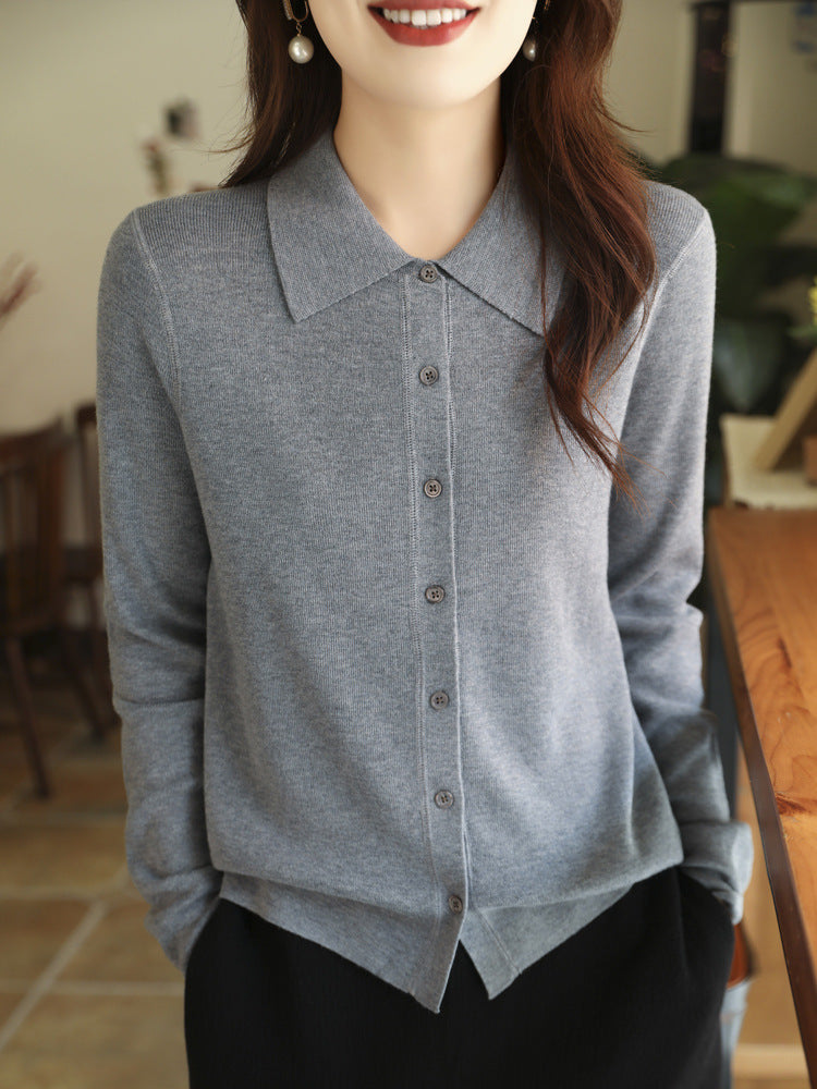 Damen Leichter Feinstrick-Cardigan mit Polokragen und durchgehender Knopfleiste Shop Nory