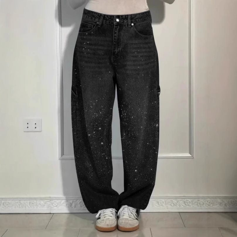 Damen High-Waist Jeans im weiten Cargo-Schnitt mit funkelndem Strassbesatz Shop Nory