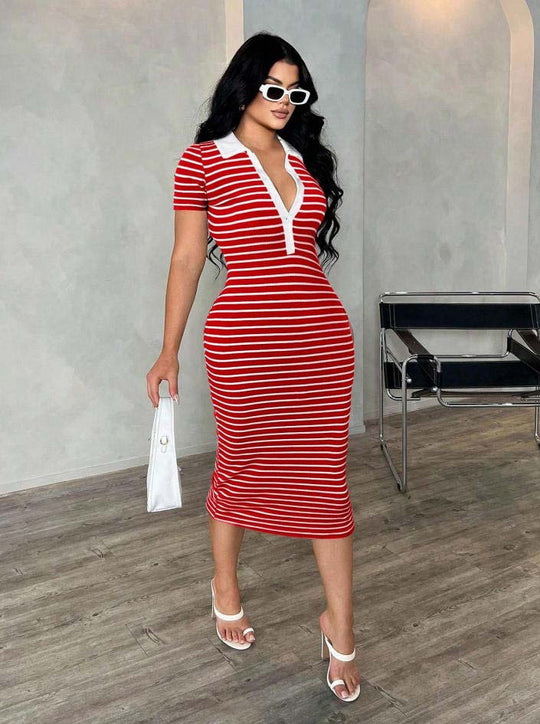 Damen Figurbetontes Polokleid im Streifen‑Look aus Rippstrick mit kurzem Ärmel Shop Nory