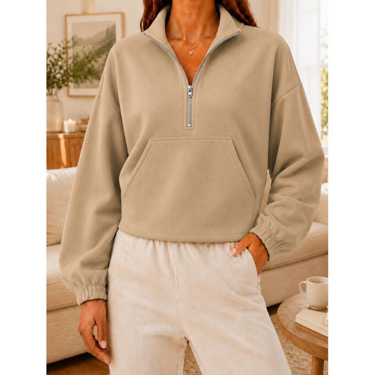 Damen Kurz geschnittener Sweatshirt-Pullover mit halbem Reißverschluss und Kängurutasche Shop Nory