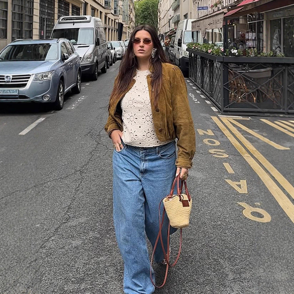 Damen Kurze Velourslederjacke mit Faltenlegung, Puffärmeln & Knopfleiste Shop Nory