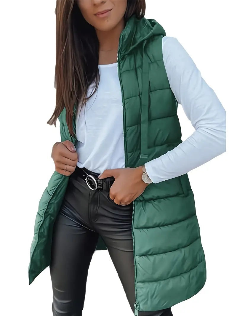Damen Stylische gesteppte Weste mit Kapuze und langen Schnitt